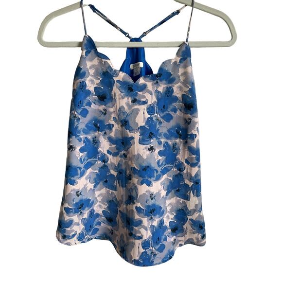 J Crew Watercolor Blue Floral Camisole Size 2 Scalloped Trim Racerback Coquette - Picture 1 of 6